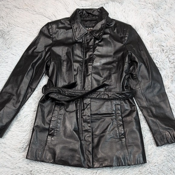 Wilsons Jacket Womens M Black Leather Coat Belted Pockets Zip Up Career Casual - Picture 1 of 13